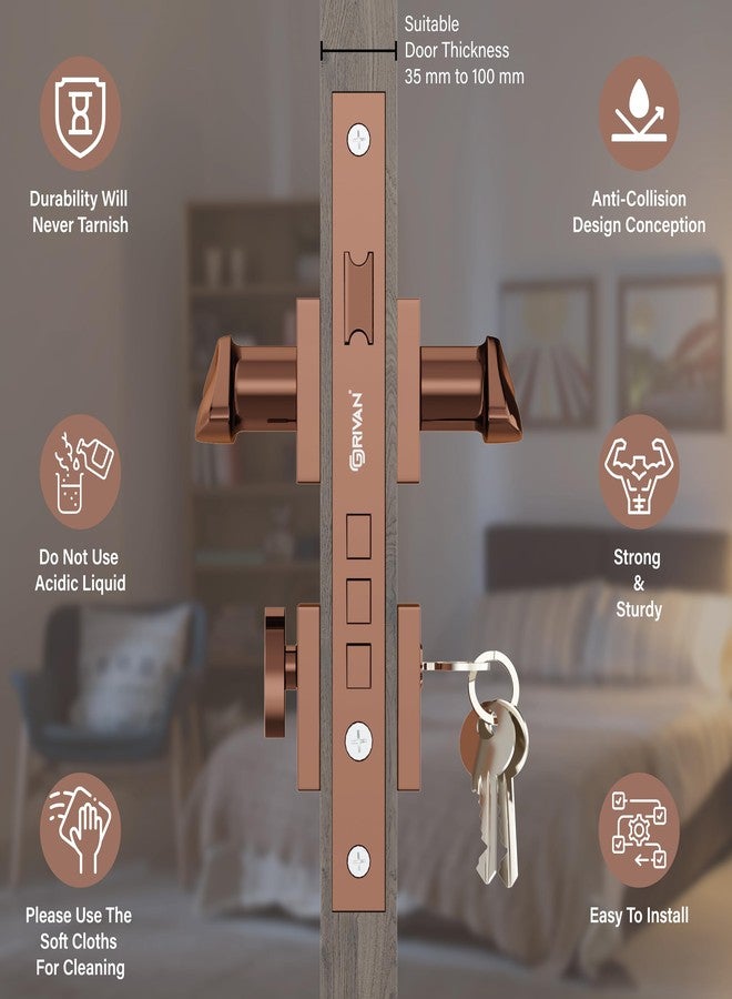 GRIVAN Elegant Door Locks for Main Door, Mortise Door Lock Set with 3 Brass Keys, Bedroom Door Lock, Handle Lock for Home/Office/Hotel (Rose Gold Finish) | 2 Years Warranty - Image 3